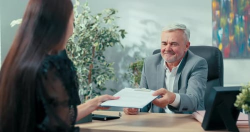 Mature Boss of Company Signed Contract with New Employee a Candidate for Position of Assistant