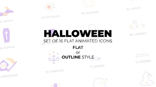 Halloween - Set of 16 Animated Icons Flat or Outline style
