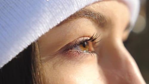 Detail View of Woman Face with Beautiful Brown Eyes. Attractive Girl Standing in Winter Forest and