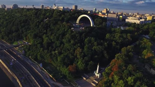 Summer Park on River Embankment in Modern City, Aerial View Urban Architecture