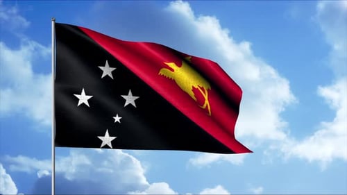 Papua New Guinea Flag Waving Against Blue Sky Loop