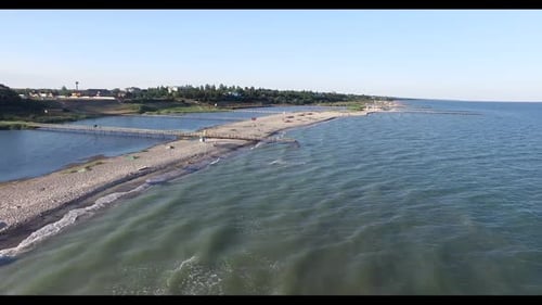 The Sandy Beach with Vacationers People. Copter Takes Nature Top