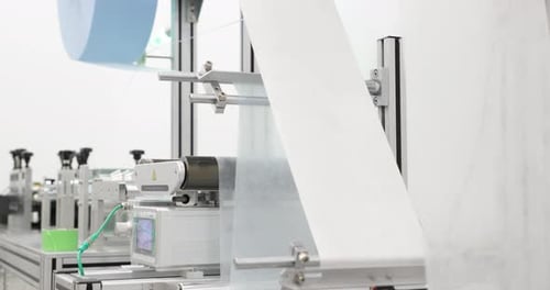 Matériau de tissu brut passant par la machine de nivellement automatisée pour le masque médical. - Ralenti