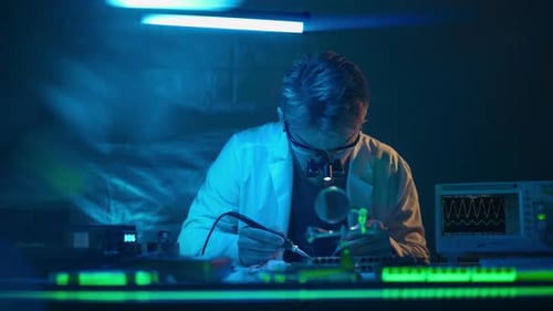 Adult Soldering Electronic Components in a Blue Lit Lab