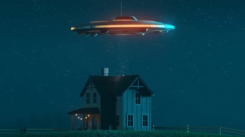 Alien invasion Silhouette of the shiny metal flying saucer. Bright light beam.