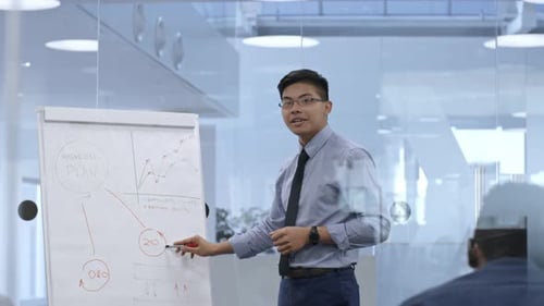 Professional Gives Marketing Plan Presentation in Modern Office