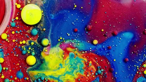 Multicolored Bubbles Of Bright Collors Moving In Paint Oil Surface Beautiful Blue Universe Of Color