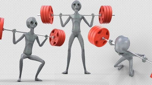 3D Animated Alien Character Weightlifting Exercises Alpha Channel