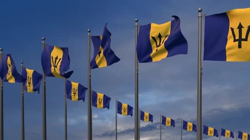 Barbados National Flags Waving Seamless Loop against Blue Sky