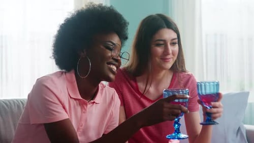 Two Young Women Enjoying Wine and Laptop at Home