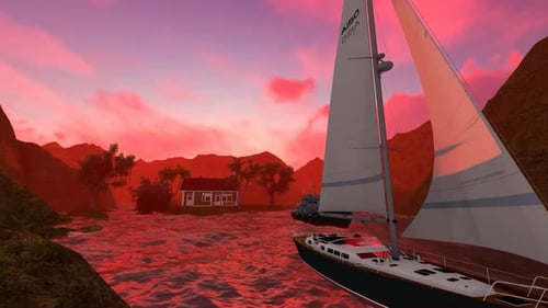 Animated Tropical Cove with Sailboat and Tugboat at Sunset