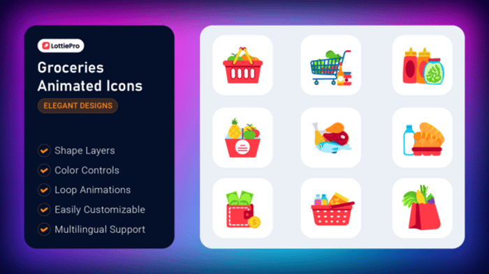 Modern Flat Design Animated Food and Shopping Icons, Elements ft ...