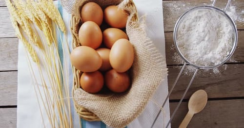 Baking Ingredients with Eggs and Flour Overhead