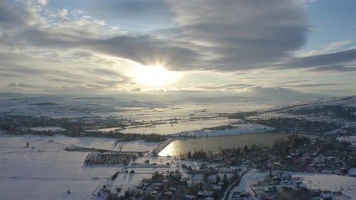 Snowy Rural Village Landscape Aerial in Winter