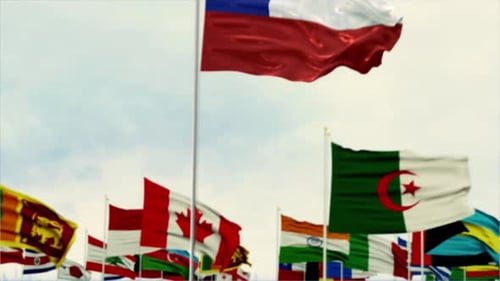Waving International Country Flags on Flagpoles Against Bright Sky