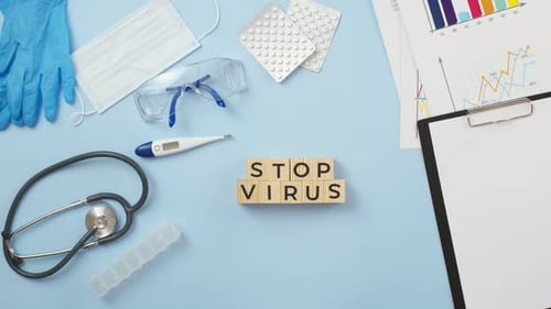 Medical Supplies and Stop Virus Message, Aerial View