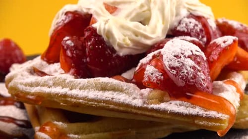 Waffles Topped with Strawberries and Cream, Close Up