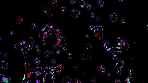 Animation de rendu 3D avec scène complète, liquide transparent, bulles colorées, explosion et envol