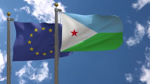 European Union and Djibouti Flags Waving Against Blue Sky