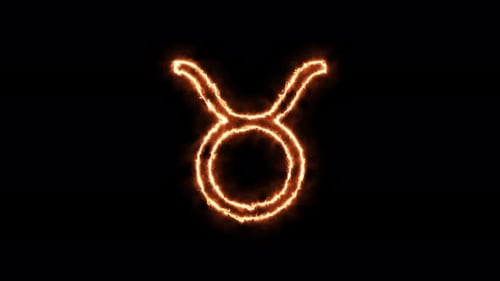 Signes du zodiaque Taureau en feu. Animation de symboles brûlant dans une flamme sur fond noir.
