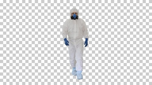 Man wearing hazmat suit walking, Alpha Channel