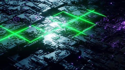 4K 3d animation loop. Electronic circuit motherboard with glowing flowing lights