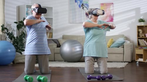 Seniors Using VR Headsets for Exercise at Home