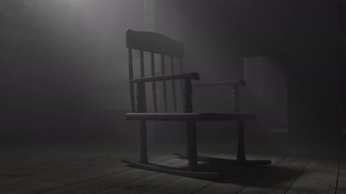 Eerie Rocking Chair in Dusty Room with Light Beams Animation