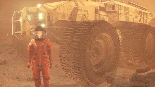 Astronaut Standing Next to Mars Rover on Alien Planet Surface