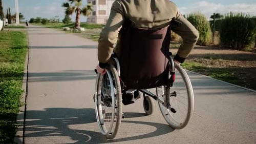 Walk of Man in Wheelchair in Sunny Day Outdoors Back View