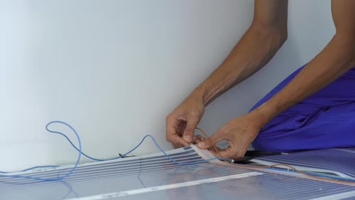 A Professional Master of Underfloor Heating Installation Connects the Infrared Heating Film to the