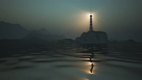 Lighthouse light spinning around. Tall tower standing on the small island.