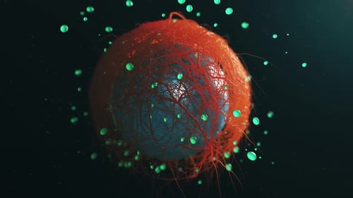3D Animated Cell with Red Tendrils and Green Particles