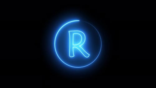 Leuchtende Neonlinie in einem kreisförmigen Pfad um das R-Alphabet. Vd 388