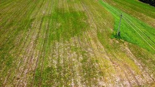 Aerial drone view of a flying over the rural agricultural landscape.