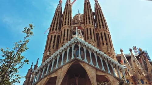 The Sagrada Familia and construction works in Barcelona, Spain