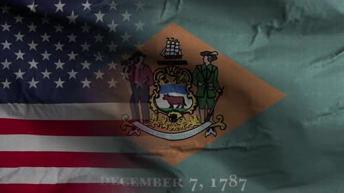 Waving American and Delaware State Flag with Ratification Date