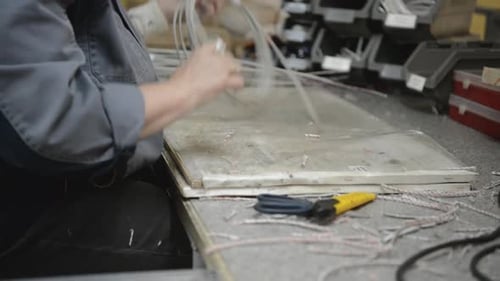 Kleine Kabelinstallationsanlage. Arbeiter in Elektrowerkstätten stricken ein Kabelbündel. Arbeiter strippen