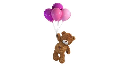 Cute Teddy Bear Holding Pink Balloons Floating Animation