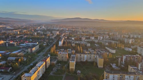 Drone Aerial View of the Foggy During Sunrise View in the Residential Area on Uzhhorod City