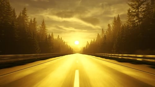 Golden autumn loopable animation of empty forest asphalt road during sunset.