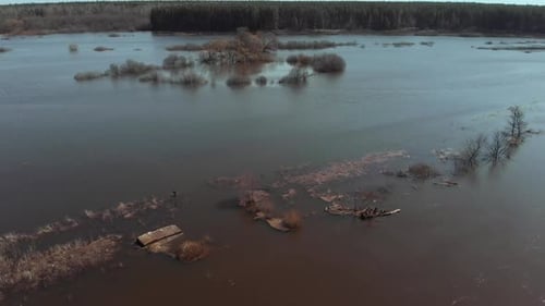On a Sunny Spring Day the Camera Flies Fast Over a Flooded Area of the Field