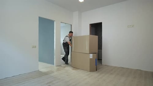 Man Moves Cardboard Boxes Into New Apartment