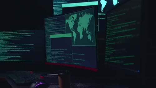 Code On Multiple Computer Screens, Cyber Attack