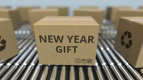 3D Animation of New Year Gift Boxes on Conveyor Belt