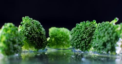 Broccoli Florets Close Up on Reflective Surface