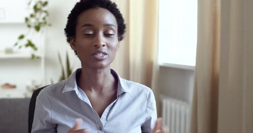 Webcam View Black Business Woman Afro American Lady Student Speaks Conducts Online Lesson Explains
