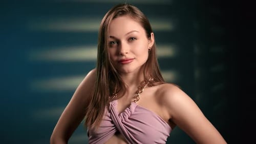 Closeup Portrait Beauty Fashion Woman Dancer Flirting Rotation Shoulders with Positive Emotion