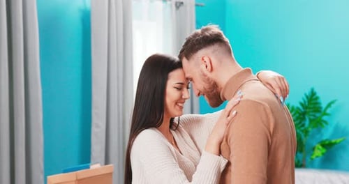 Side View Head Shot Close Up Young Bonding Family Couple Touching Foreheads Enjoying Intimate Tender