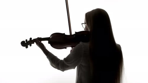 Silhouette of a Woman Musician Playing with Bow and Hand on Violin the View From Behind on White